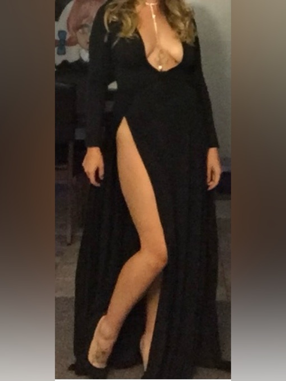 Windsor Black Long Sleeve Plunging High-Slit Maxi Dress